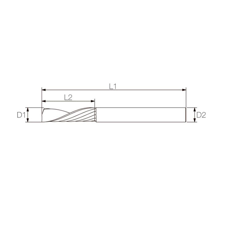 ALU Endurance Downcut CC : fraise carbure 2 mm Ø, queue 3 mm x longueur de coupe 3 mm, 1 dent, hélice négative