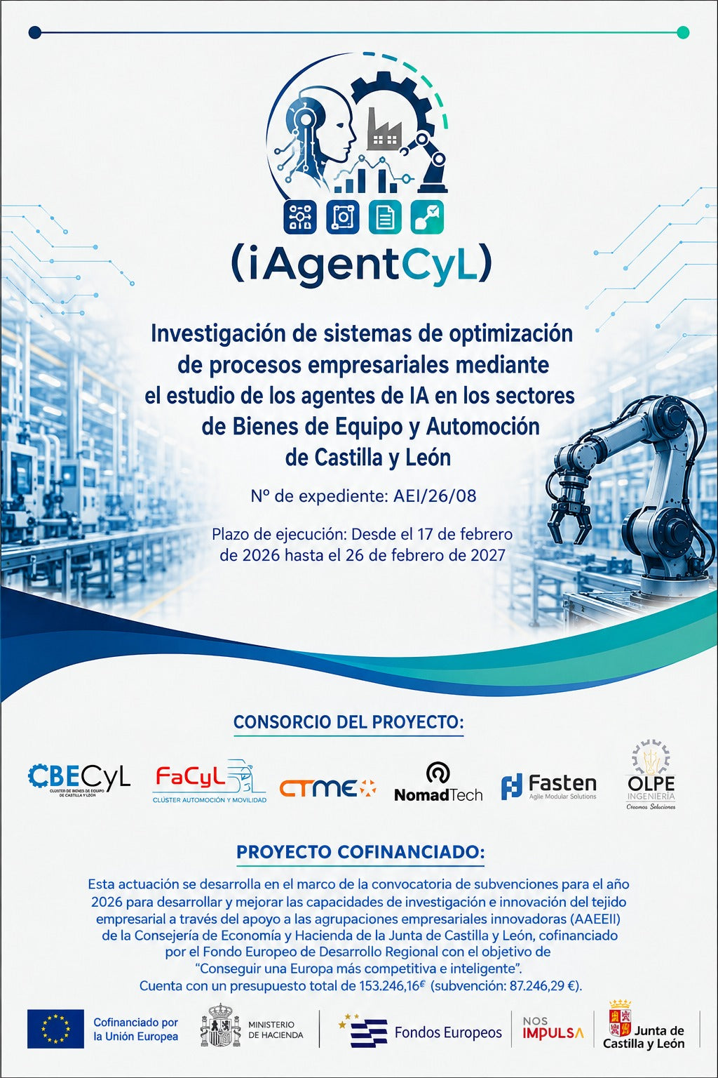 Cartel del proyecto iAgentCyL (AEI/26/08): investigación de agentes de IA para bienes de equipo y automoción, cofinanciado por FEDER y la Junta de Castilla y León